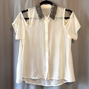 Bedazzled Collar Mesh Top